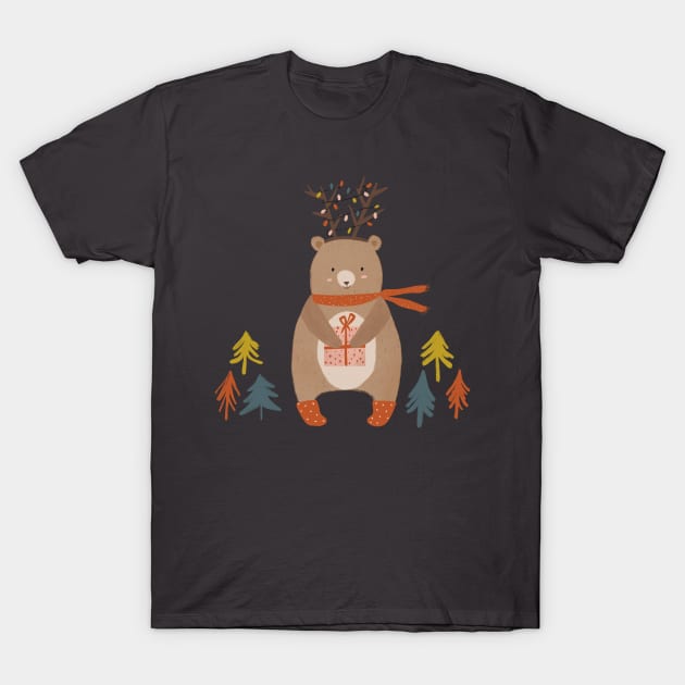 Christmas Woodland Bear T-Shirt by Guncha Kumar